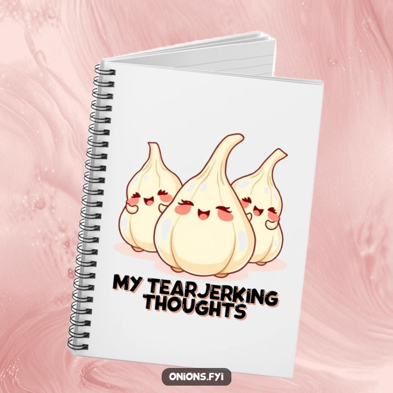 Funny notebook with giggling onions playing hide-and-seek behind garlic cloves, ideal for notes and humorous doodles.