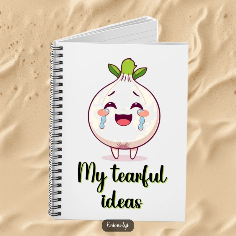 Funny notebook cover with an onion character crying tears of joy, perfect for emotional or sentimental notes.