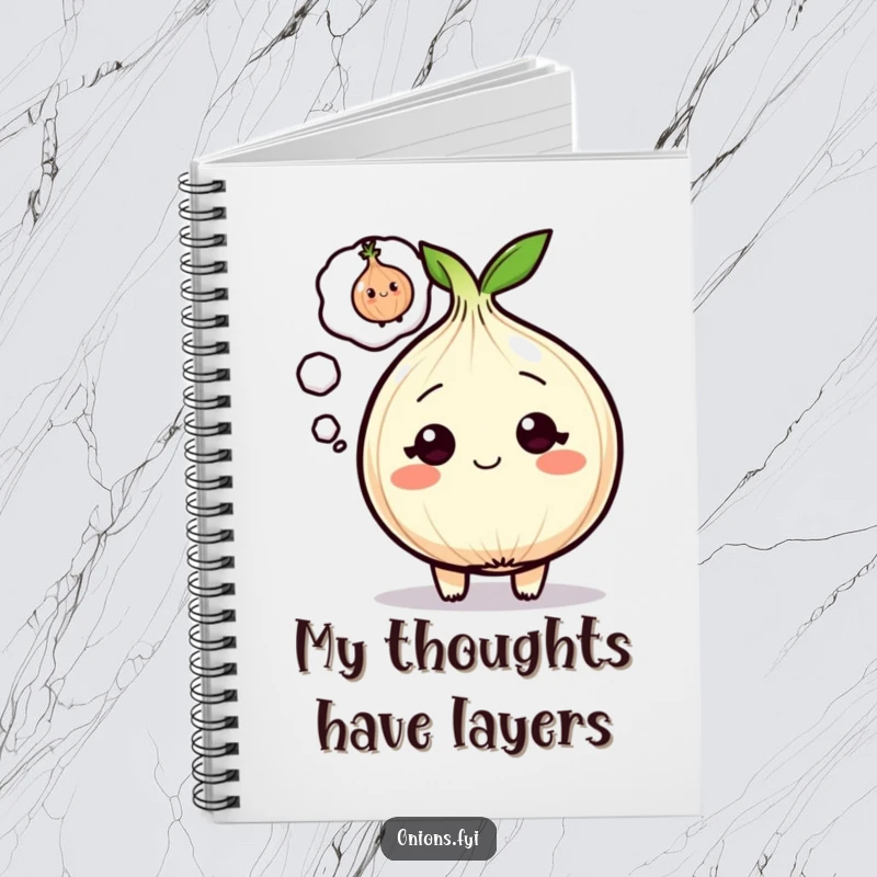 Funny Onion Notebook featuring a cartoon onion with a winking onion in its thought bubble, perfect for note-taking.