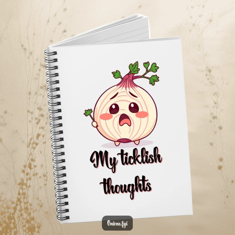 Funny notebook cover with an onion character in exaggerated surprise, being tickled by parsley, ideal for humorous notes.