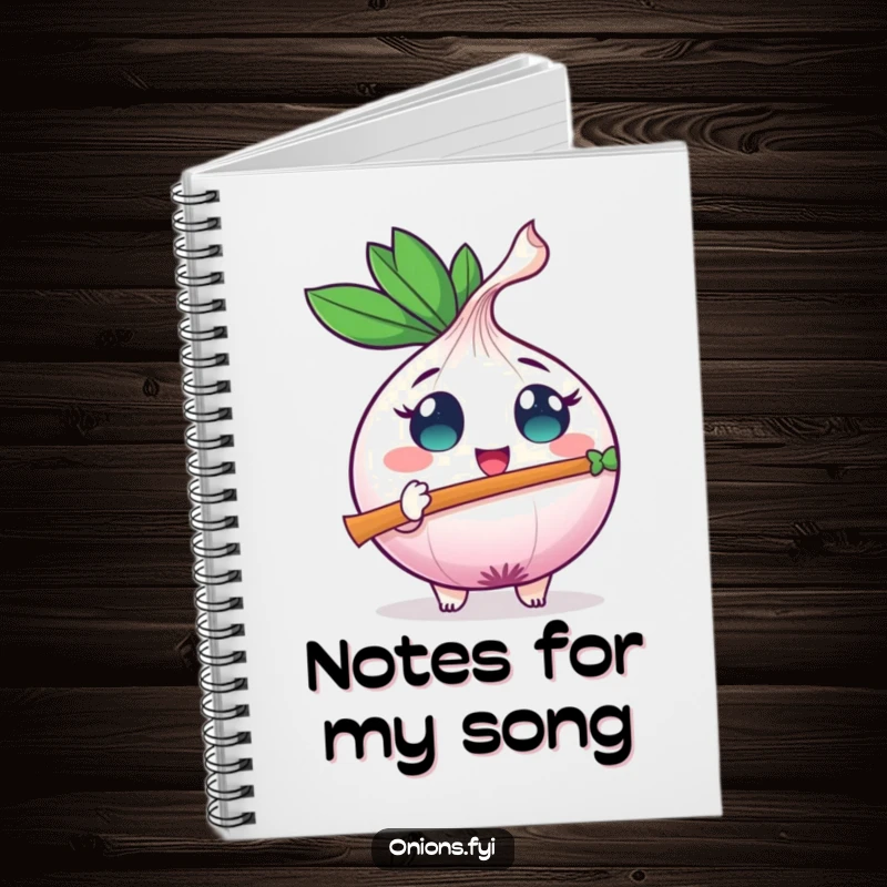 Funny onion character with excited eyes plays a leaf flute, ready to jot down musical and humorous ideas.