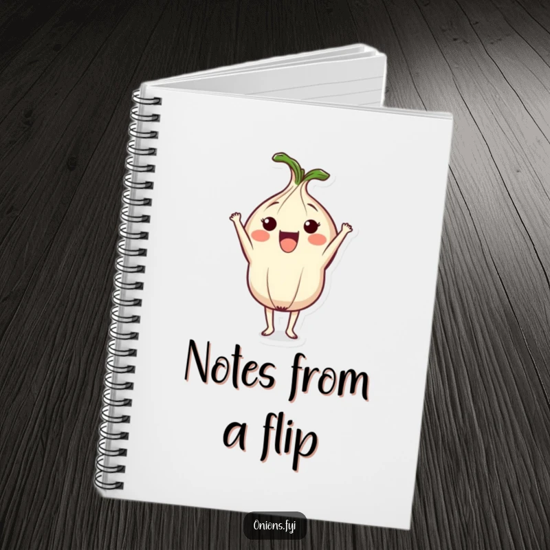 Funny notebook with a cute onion character in a headstand, perfect for journaling, note-taking, and adding a touch of humor to daily tasks.