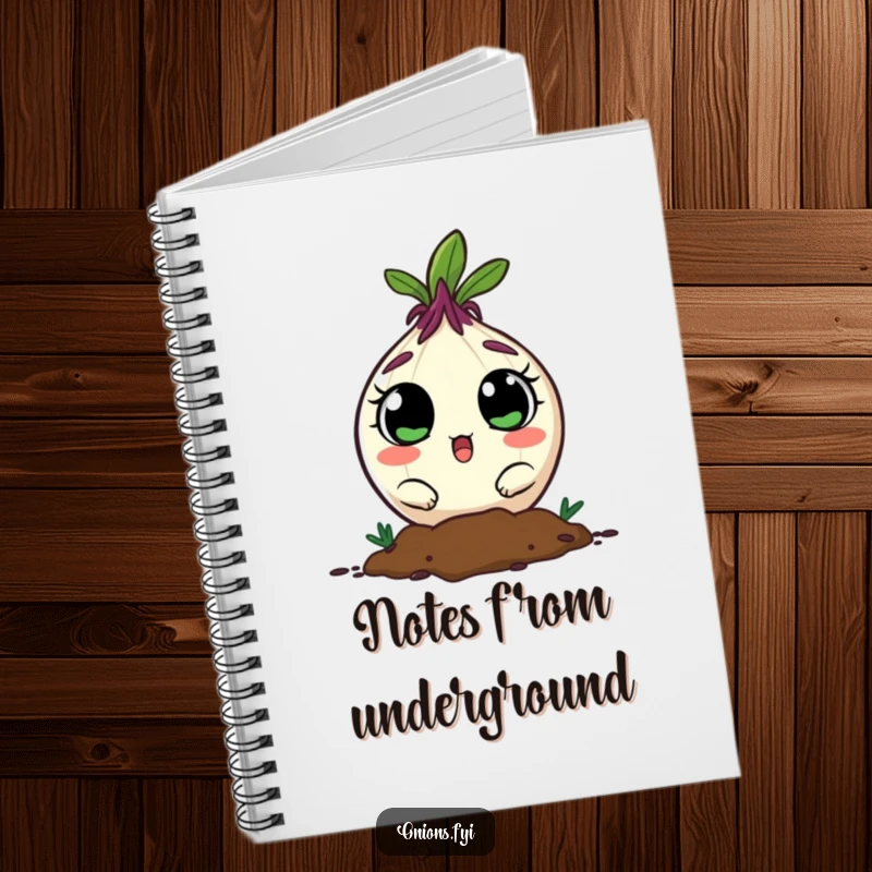 Funny onion peeking from soil with surprised eyes on a notebook cover for capturing thoughts.