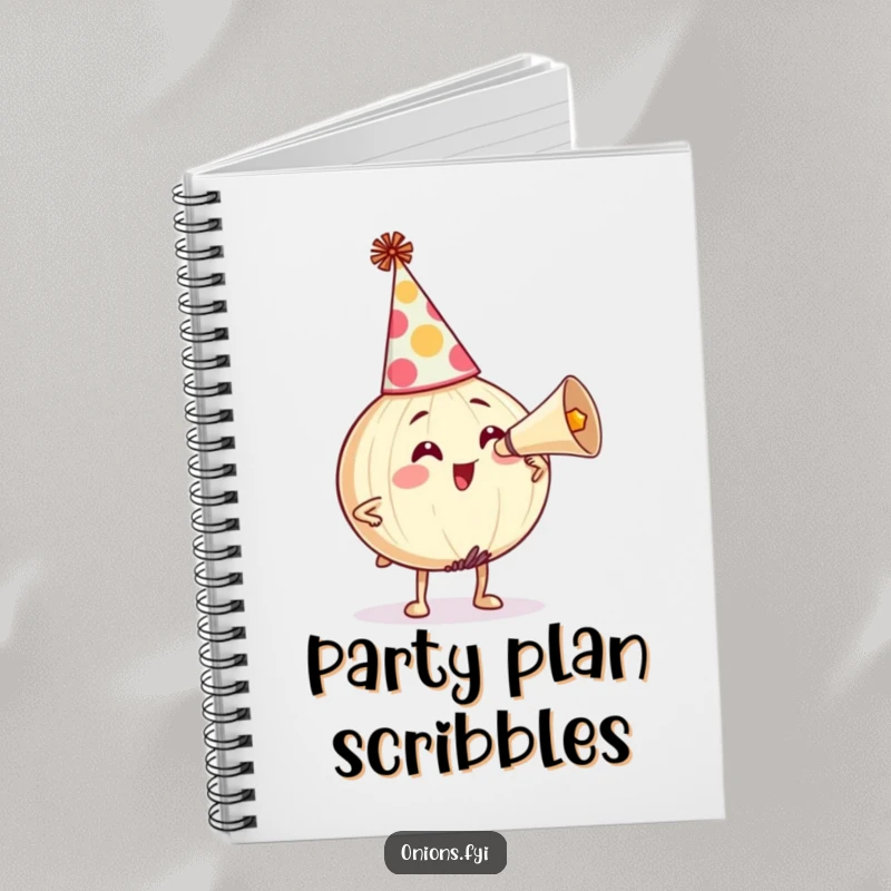 Funny Notebook: Onion character in a party hat honking a horn, inspiring festive ideas and cheerful notes. A practical funny gift.