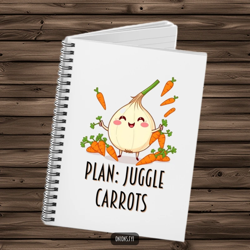Funny Kawaii Onion Juggling Notebook: Adorable onion character joyfully juggling carrots, ideal funny gift.