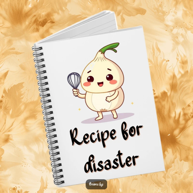 Funny notebook featuring an onion character whisking a bubbly concoction, ideal for recipe writing and kitchen journaling.