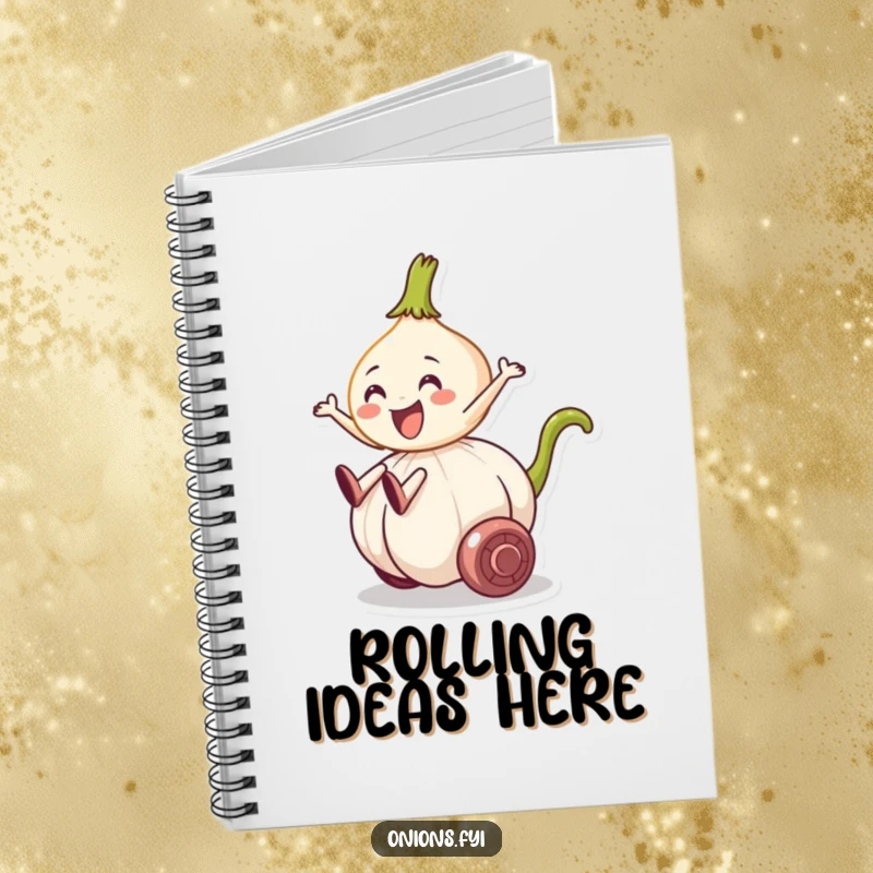 Funny notebook with an onion character riding a rolling garlic clove, ideal for jotting down humorous ideas.