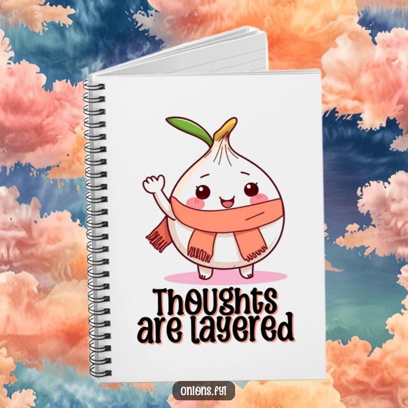 Funny notebook with a joyful onion character wearing a small scarf and waving.