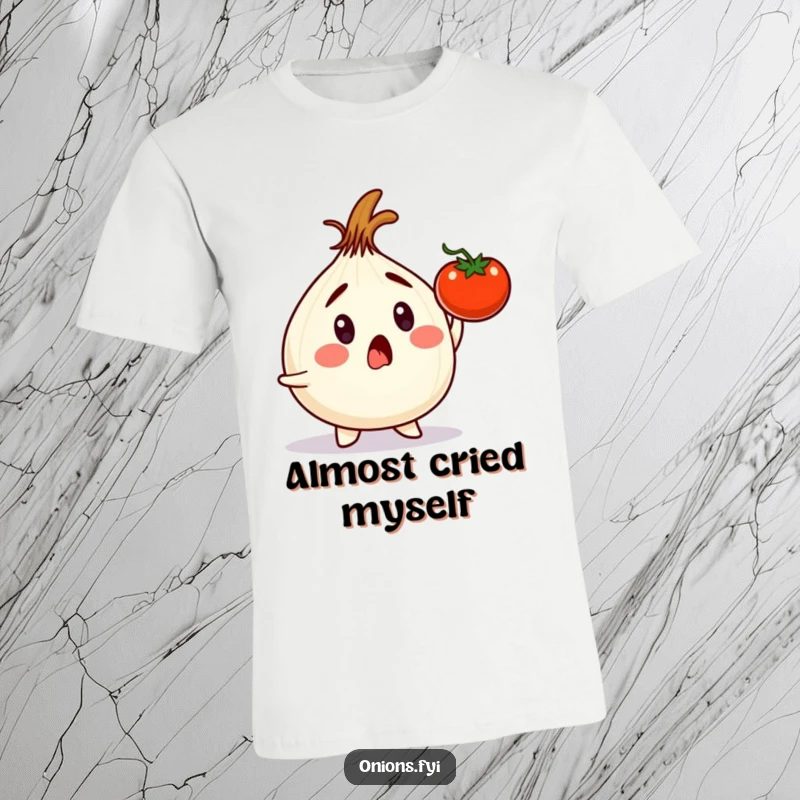 Funny onion character narrowly escaping a falling tomato, illustrated on a t-shirt, representing a hilarious moment.