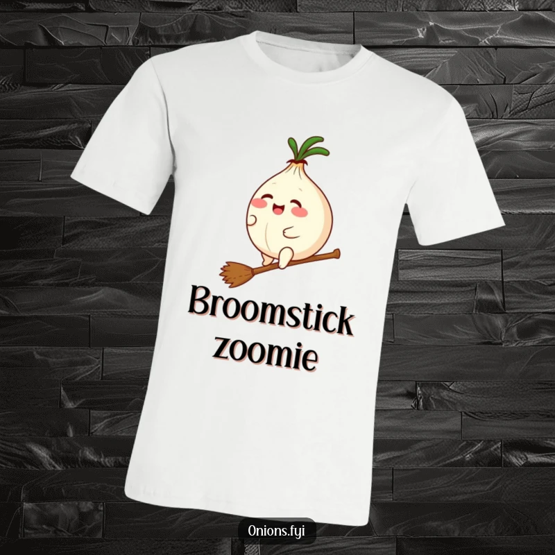 Funny t-shirt displaying a plump, giggling kawaii onion joyfully riding a tiny broomstick, radiating magical charm and fun.
