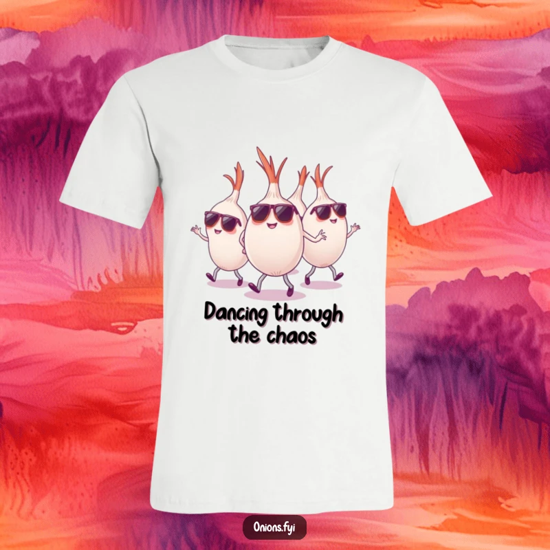 Funny onions wearing sunglasses dancing energetically, cool party vibe, funny t-shirt gift.