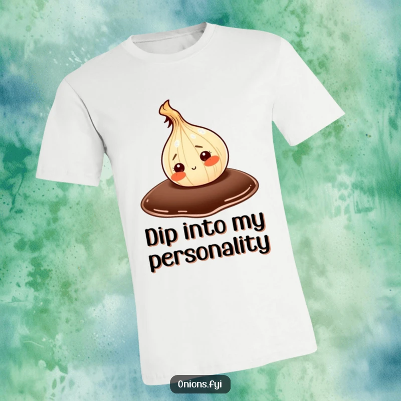Funny t-shirt showcasing a wide-eyed onion character cautiously dipping a toe into an enormous, dark drop of soy sauce, a foodie's dream.