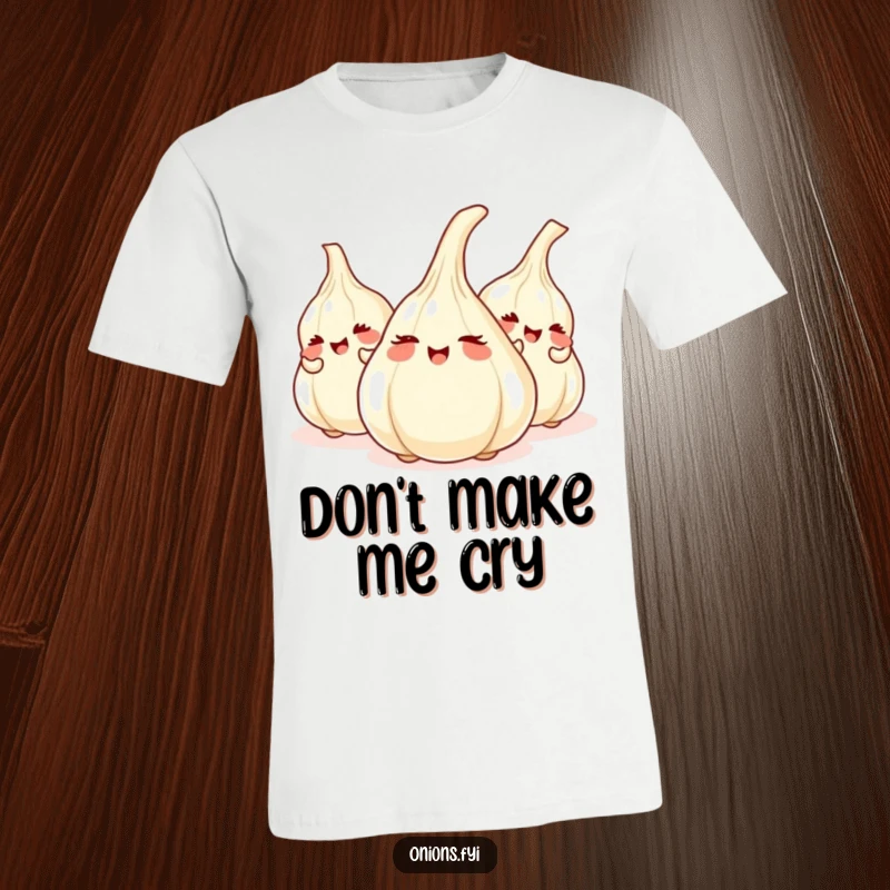 Funny t-shirt featuring giggling onions playing hide-and-seek behind garlic cloves, showcasing a playful veggie game and vegetable characters.
