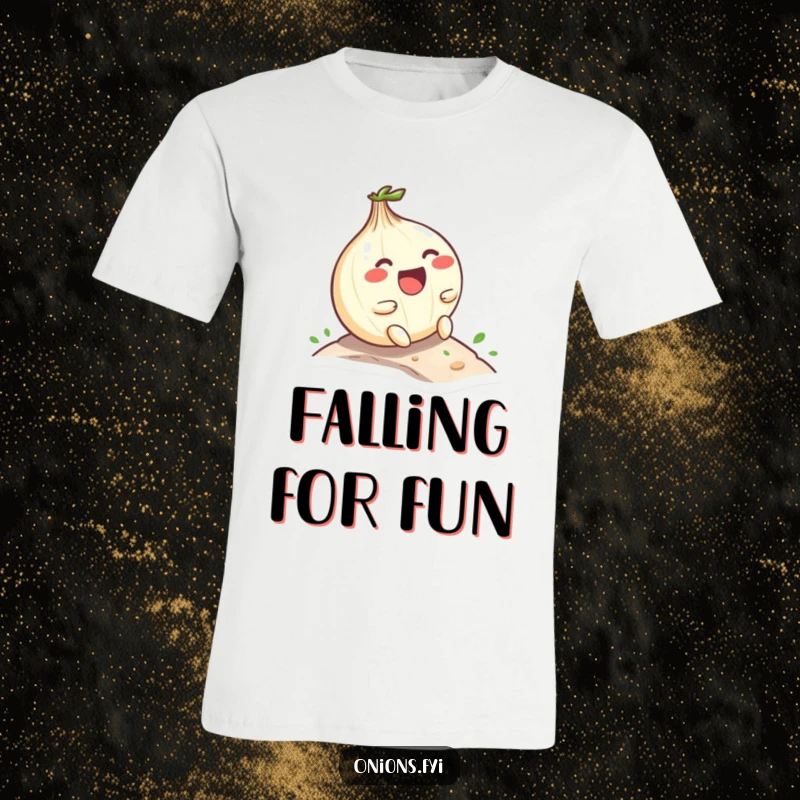 Funny Kawaii onion character laughing hard, rolling down a small hill, playful t-shirt design capturing pure joy and fun, cute apparel.