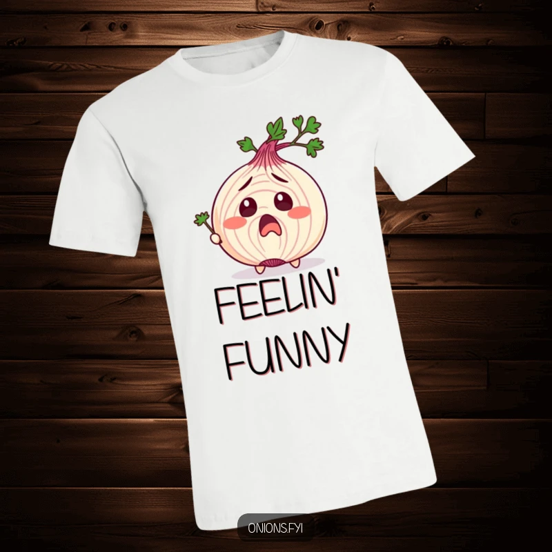 Funny t-shirt with an onion character reacting with exaggerated surprise to being tickled by a parsley sprig, perfect for a funny gift.