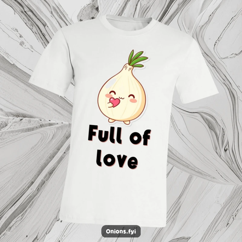 Funny Kawaii onion character holding a small heart above its head with tenderness, cute and loving t-shirt design, perfect for expressing affection.