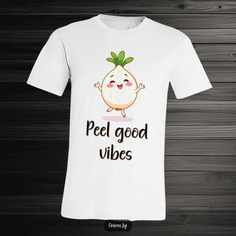 Funny t-shirt depicting a happy onion character doing a lively, silly jig, full of vegetable-themed enthusiasm.