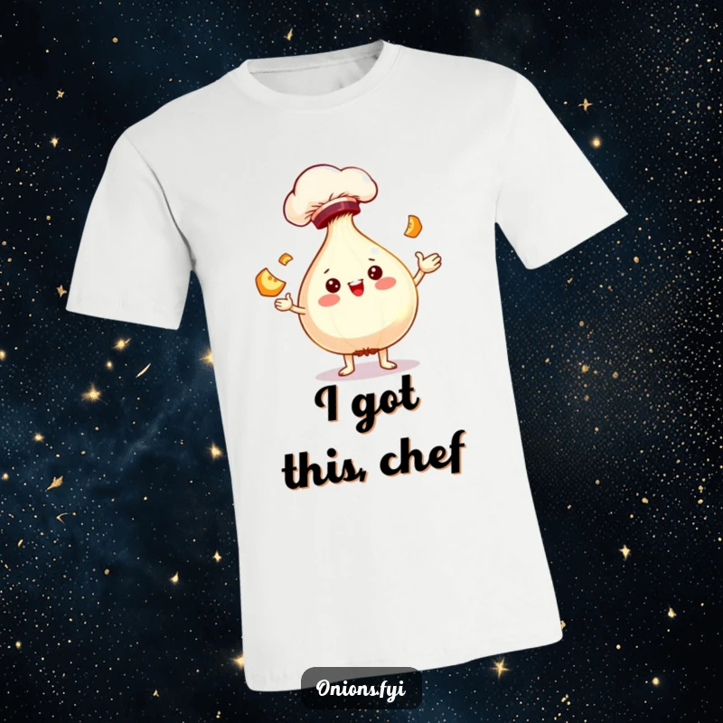 Funny, cheerful onion chef character wearing a hat, playfully juggling small onion slices, a humorous cooking design.
