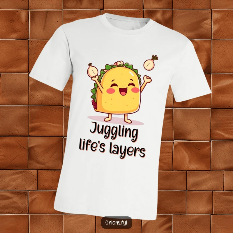 Funny taco t-shirt, a happy taco with little arms juggling three tiny onions, vibrant and fun foodie graphic.