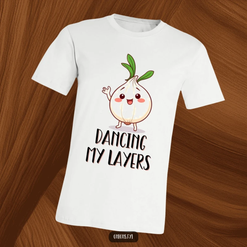 Funny Kawaii Onion Dance T-Shirt: Adorable onion character dancing silly, leafy top waving, great funny gift.