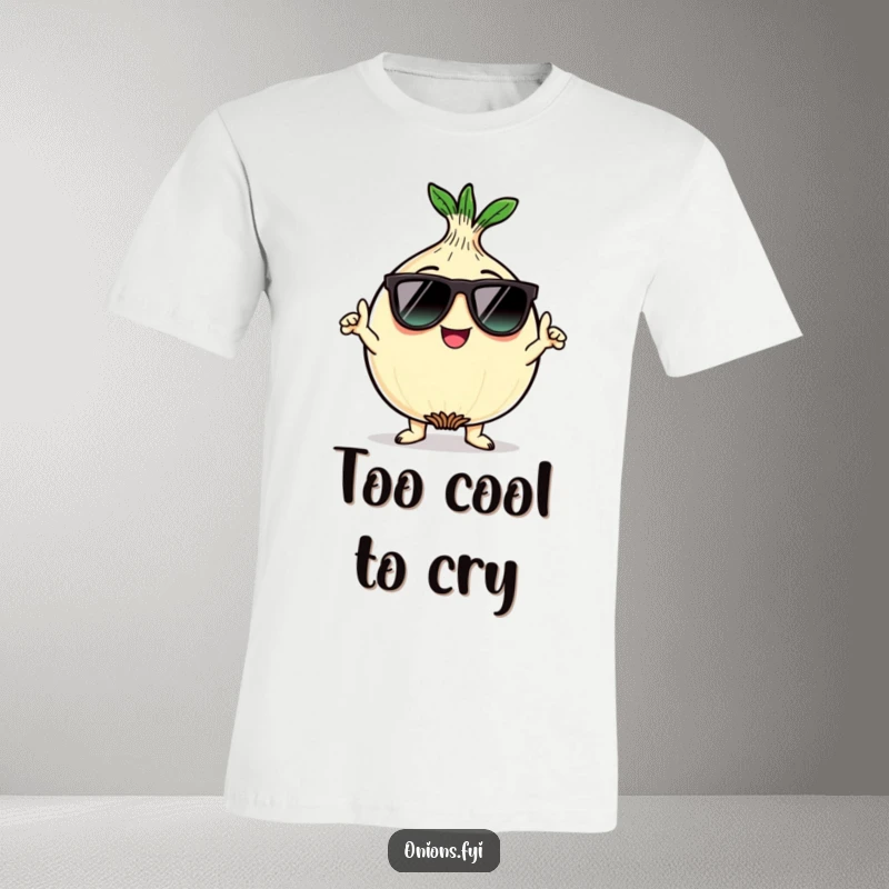 Funny kawaii onion character wearing sunglasses and striking a cool pose on a T-shirt, ideal for funny gift seekers.