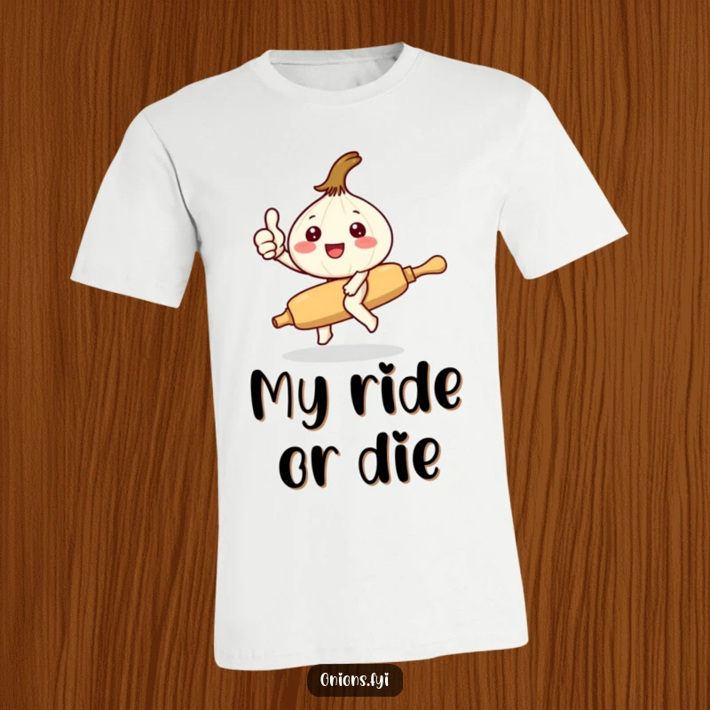 Funny Kawaii onion character thumbs up riding a tiny rolling pin, showcasing playful culinary humor and a cute vibe, great tee shirt.
