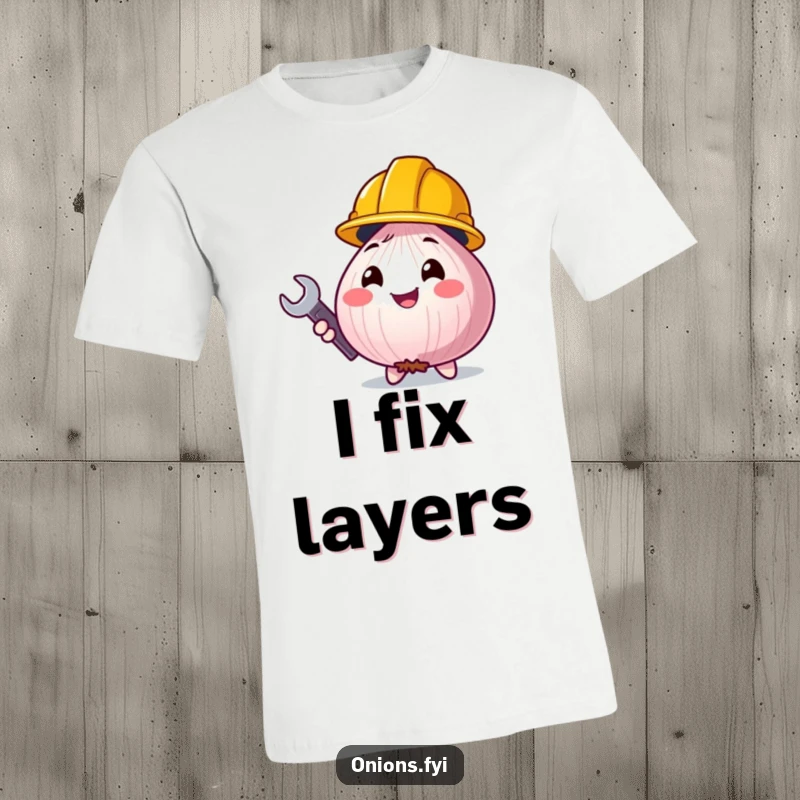 Funny onion character in a construction hat, holding a wrench, ready for a DIY project, humorous apparel.