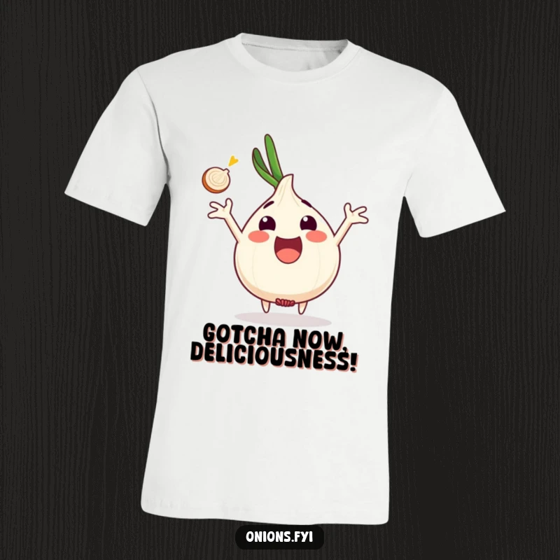 Funny onion character excited, arms outstretched catching onion slice, enthusiastic pose, funny t-shirt gift.
