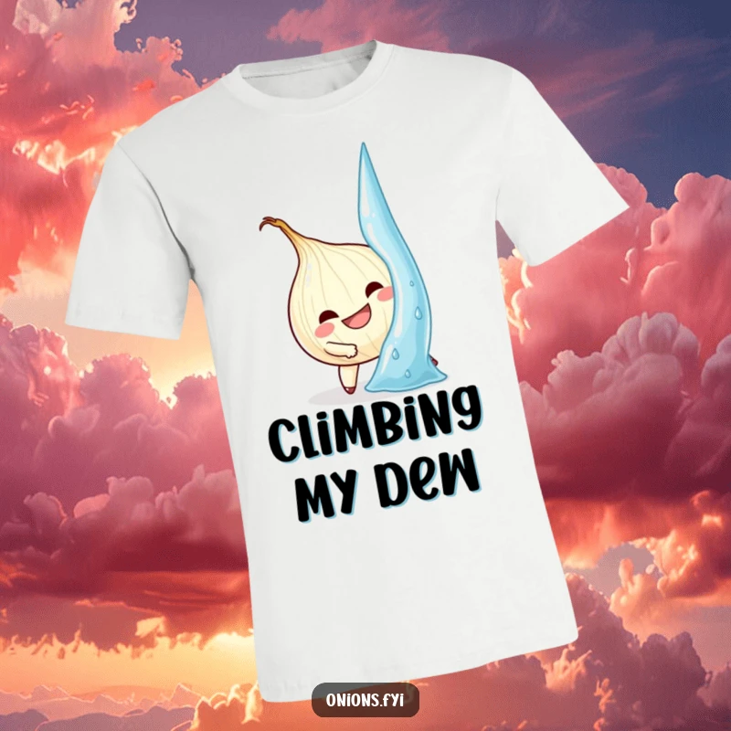 Funny Onion T-Shirt: Determined onion character bravely climbs a huge water droplet, inspiring humor and grit.
