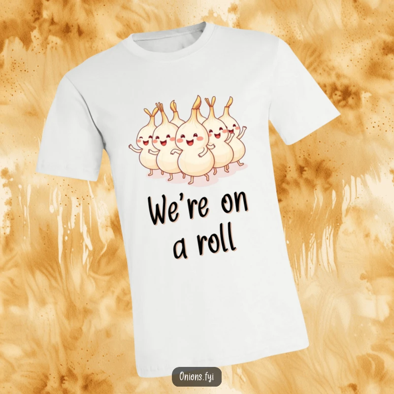 Funny onions happily dancing in a conga line, printed on a t-shirt, perfect for celebrations.