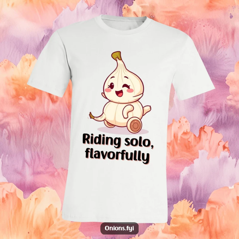 Funny t-shirt with an onion winking playfully while riding atop a rolling garlic clove, showcasing a fun journey.