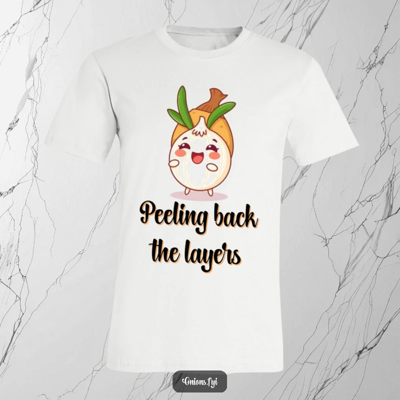 Funny onion character hiding behind a potato on a t-shirt, illustrating a playful game of hide-and-seek with a joyful expression.