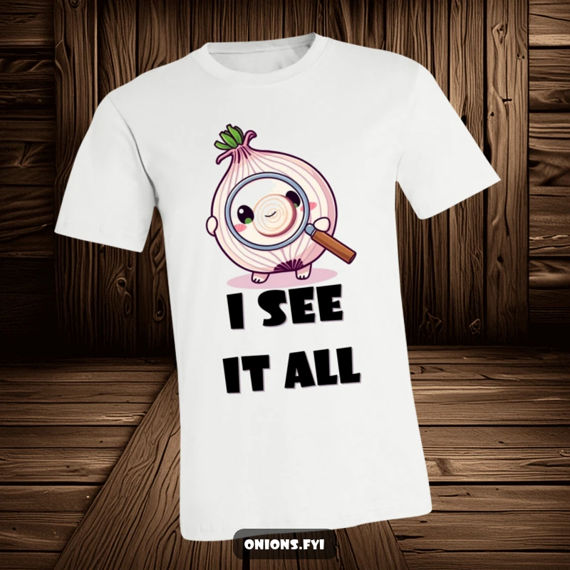 Funny t-shirt featuring an onion character intently using a magnifying glass to examine a tiny onion slice, emphasizing scrutiny.