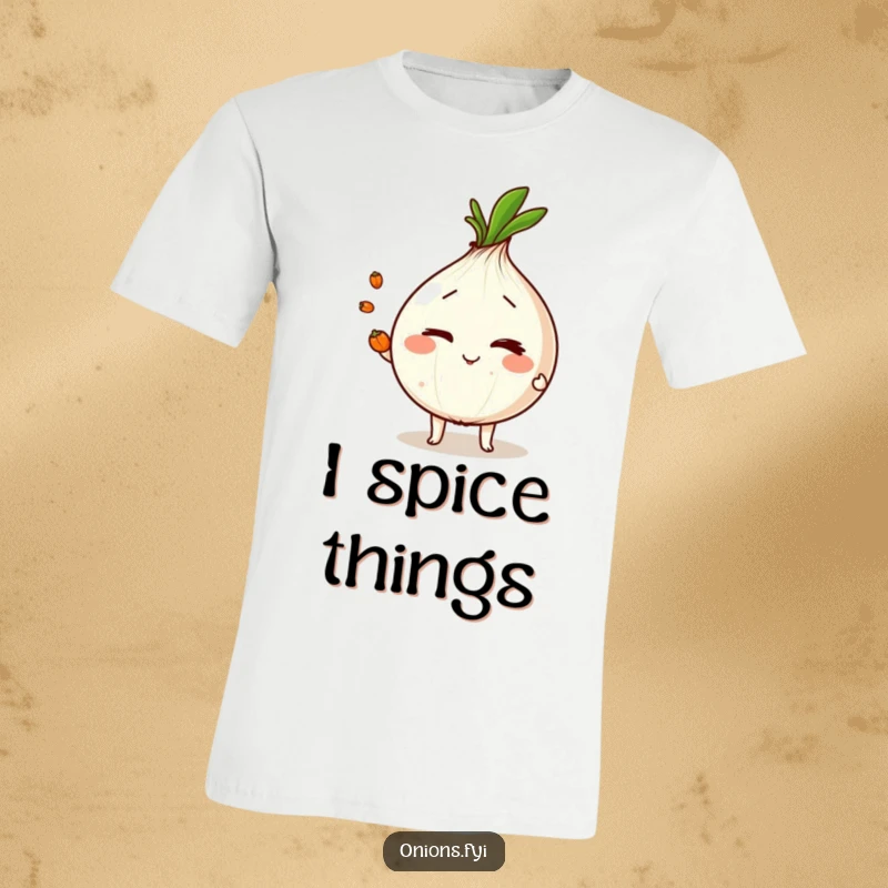 Funny onion character winking while juggling peppercorns, a humorous and skillful t-shirt.
