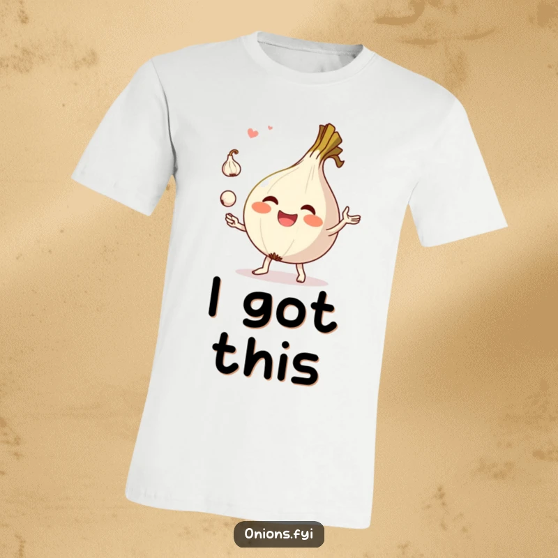 Funny T-Shirt featuring a cheerful onion character expertly juggling three small garlic pieces, a comical kitchen scene.