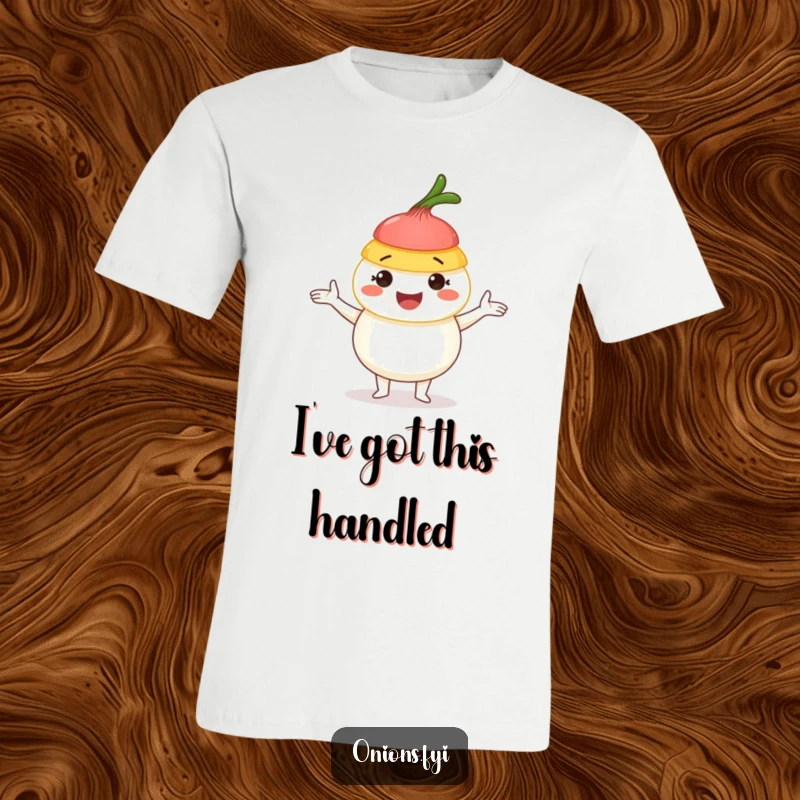 Funny Onion Juggling T-Shirt: A cheerful onion skillfully tossing three vibrant onion layers, radiating pure amusement and charm.