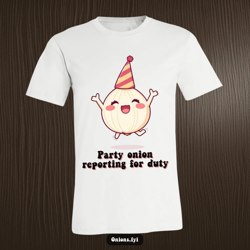 Funny onion character in party hat leaping joyfully, celebrating life, funny t-shirt gift.
