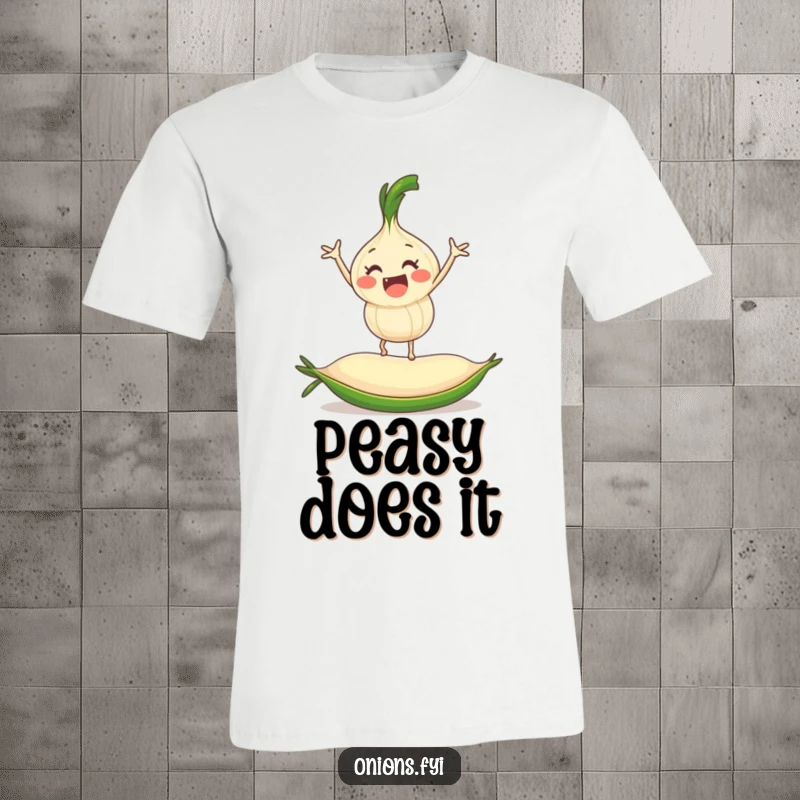 Funny onion character struggling to balance on a tiny rolling pea, a humorous and action-packed t-shirt.