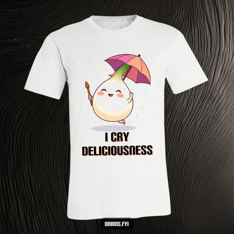 Funny t-shirt depicting an onion character dancing with an umbrella in salty rain, representing humor in sadness.