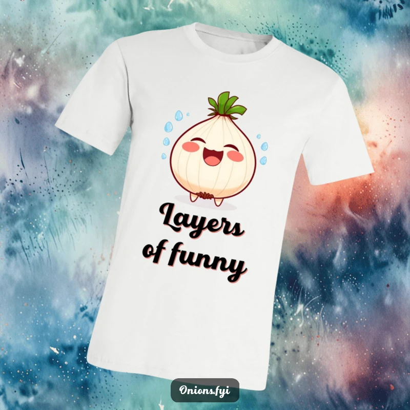 Funny T-shirt featuring a deeply amused onion character, its face contorted in laughter, with water droplets spraying outwards.