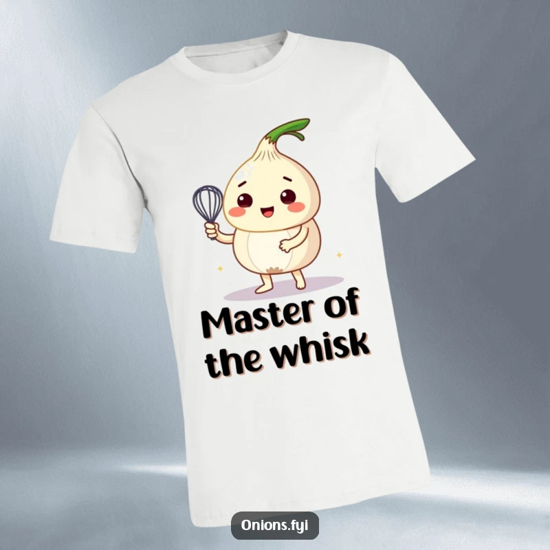Funny t-shirt depicting an energetic onion character skillfully whipping up a foamy, bubbly concoction with a miniature whisk, a true chef.