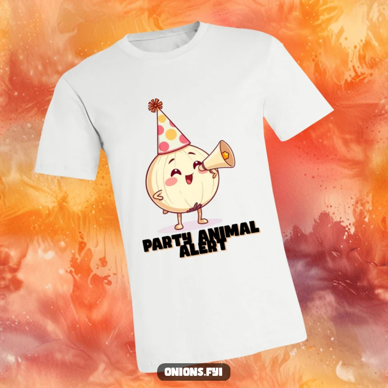 Funny T-Shirt: Onion character in a party hat, comically honking a horn with gusto, radiating festive energy. A great funny gift.