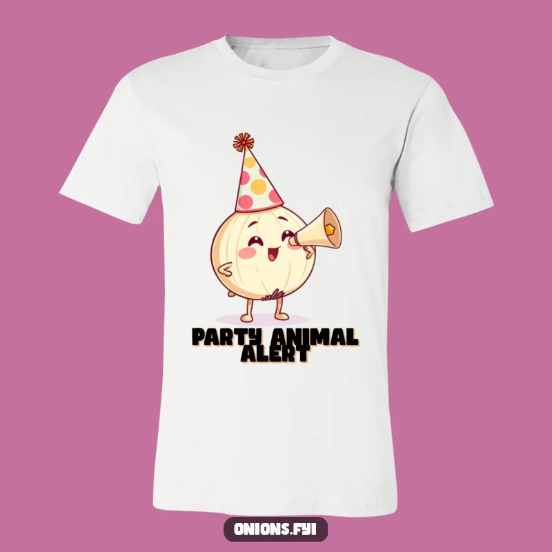 Funny Party Horn Tee: Onion Character Celebration Humor, Ideal Festive Wear!