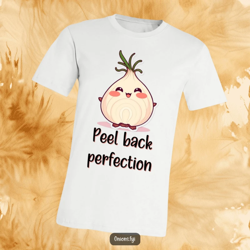 Funny onion character blushing with pride, showing off its layers, printed on a t-shirt.