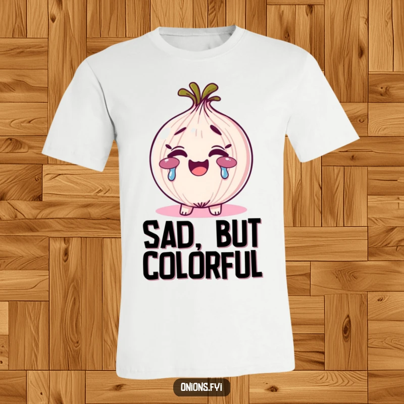 Funny rainbow tears onion t-shirt, an onion character smiling and crying colorful rainbow tears; a symbol of happiness.