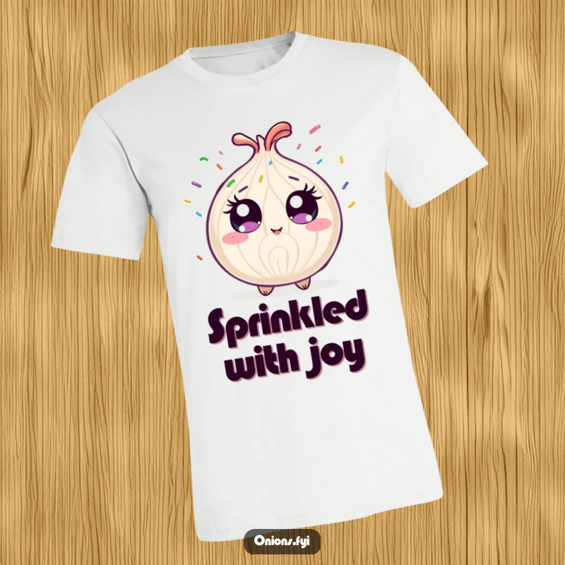 Funny onion character overwhelmed with joy by a rainbow sprinkle shower, a humorous and sweet t-shirt.