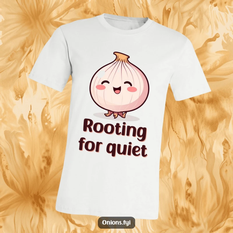 Funny Stealthy Onion T-Shirt with a happy onion attempting to tiptoe stealthily using its small roots, a humorous scene.
