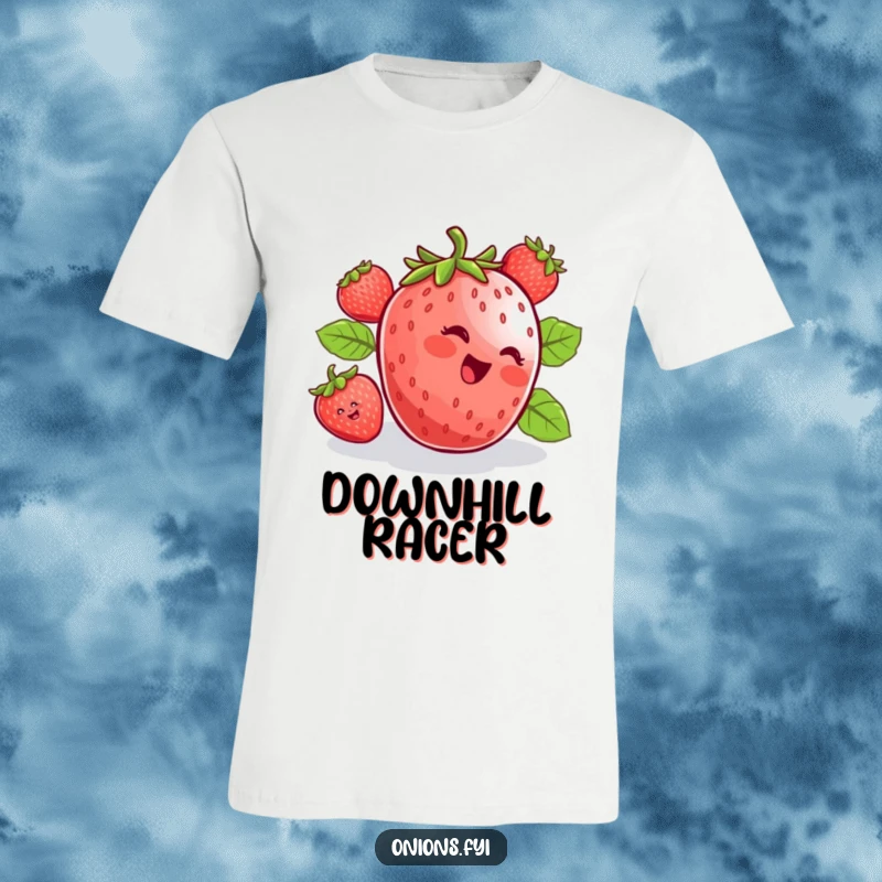 Funny t-shirt showing a happy strawberry in motion, rolling downhill with pure delight and infectious energy. Great gift.