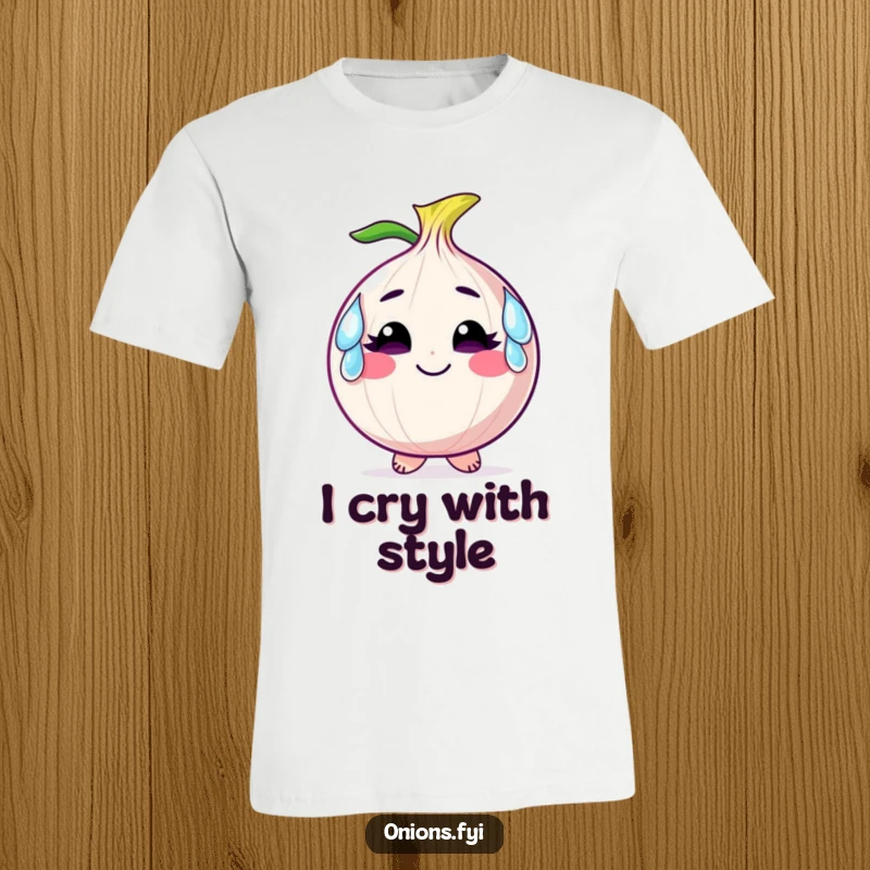 Funny t-shirt showing a smiling onion character adorning large, comical tears as earrings, a symbol of happy sadness.
