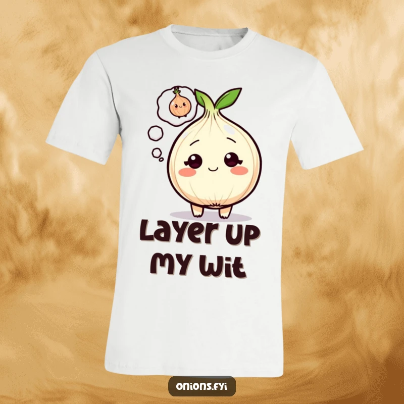 Funny Onion T-Shirt with a cartoon onion character in a thought bubble showing a tiny, winking onion, great for laughs.